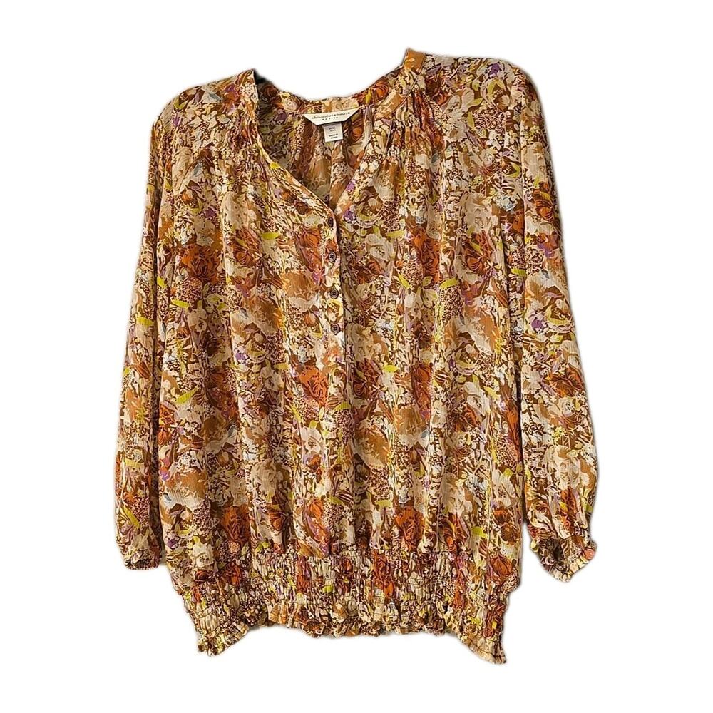 Christopher & Banks Brown Floral Long Sleeve Boho Peasant Top Womans Size PXL
